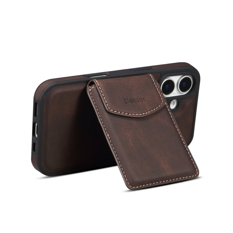 For iPhone 16 Plus Denior D20 Skin Feel MagSafe Holder Detachable Card Slot Phone Case(Brown)