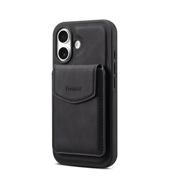 For iPhone 16 Denior D20 Skin Feel MagSafe Holder Detachable Card Slot Phone Case(Black)