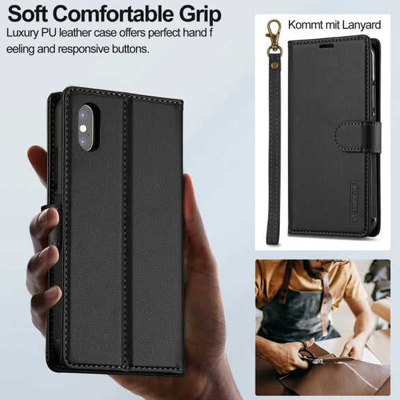 For iPhone XS Max LC.IMEEKE L2 Series Detachable Magsafe PU Phone Case with Lanyard(Black)