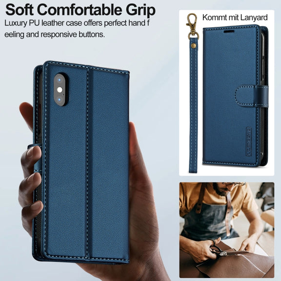 For iPhone XS Max LC.IMEEKE L2 Series Detachable Magsafe PU Phone Case with Lanyard(Blue)