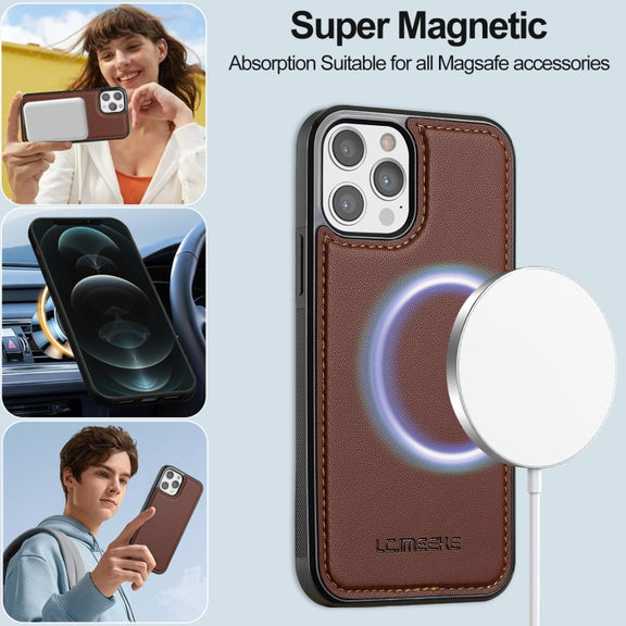 For iPhone 12 / 12 Pro LC.IMEEKE L2 Series Detachable Magsafe PU Phone Case with Lanyard(Brown)