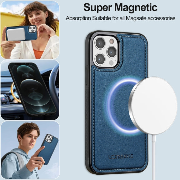 For iPhone 12 / 12 Pro LC.IMEEKE L2 Series Detachable Magsafe PU Phone Case with Lanyard(Blue)