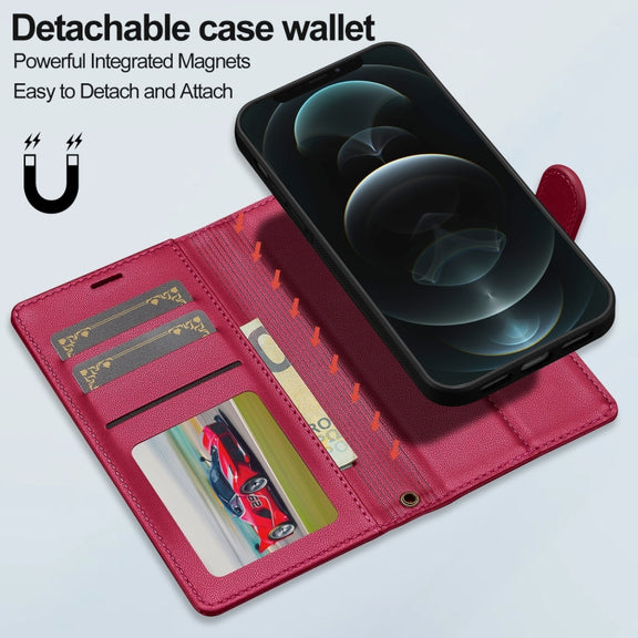 For iPhone 12 / 12 Pro LC.IMEEKE L2 Series Detachable Magsafe PU Phone Case with Lanyard(Red)