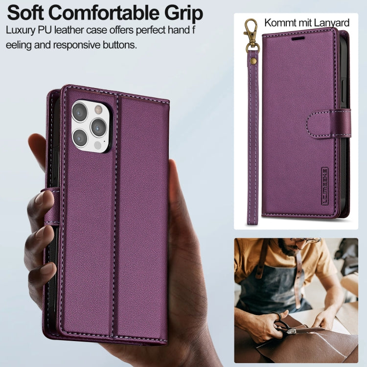 For iPhone 12 Pro Max LC.IMEEKE L2 Series Detachable Magsafe PU Phone Case with Lanyard(Purple)