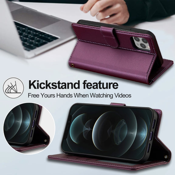 For iPhone 12 Pro Max LC.IMEEKE L2 Series Detachable Magsafe PU Phone Case with Lanyard(Purple)