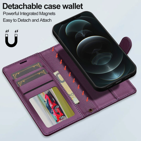 For iPhone 14 Pro Max LC.IMEEKE L2 Series Detachable Magsafe PU Phone Case with Lanyard(Purple)