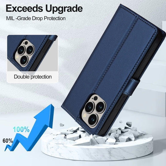 For iPhone 13 Pro Max LC.IMEEKE L2 Series Detachable Magsafe PU Phone Case with Lanyard(Blue)