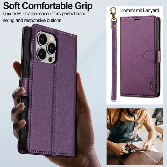 For iPhone 13 Pro Max LC.IMEEKE L2 Series Detachable Magsafe PU Phone Case with Lanyard(Purple)