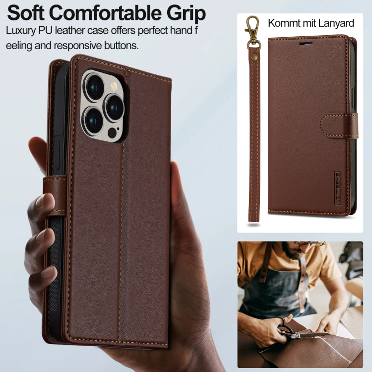 For iPhone 13 Pro LC.IMEEKE L2 Series Detachable Magsafe PU Phone Case with Lanyard(Brown)