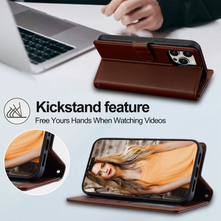 For iPhone 13 Pro LC.IMEEKE L2 Series Detachable Magsafe PU Phone Case with Lanyard(Brown)
