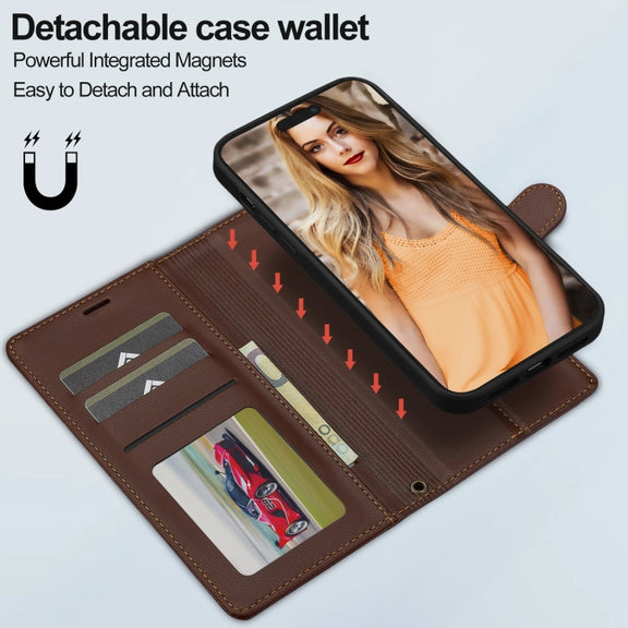 For iPhone 13 Pro LC.IMEEKE L2 Series Detachable Magsafe PU Phone Case with Lanyard(Brown)