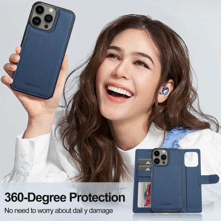 For iPhone 13 Pro LC.IMEEKE L2 Series Detachable Magsafe PU Phone Case with Lanyard(Blue)