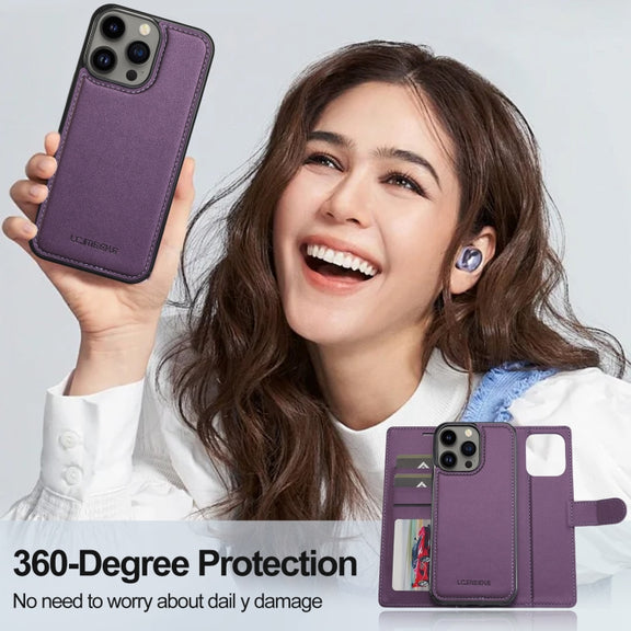 For iPhone 13 Pro LC.IMEEKE L2 Series Detachable Magsafe PU Phone Case with Lanyard(Purple)