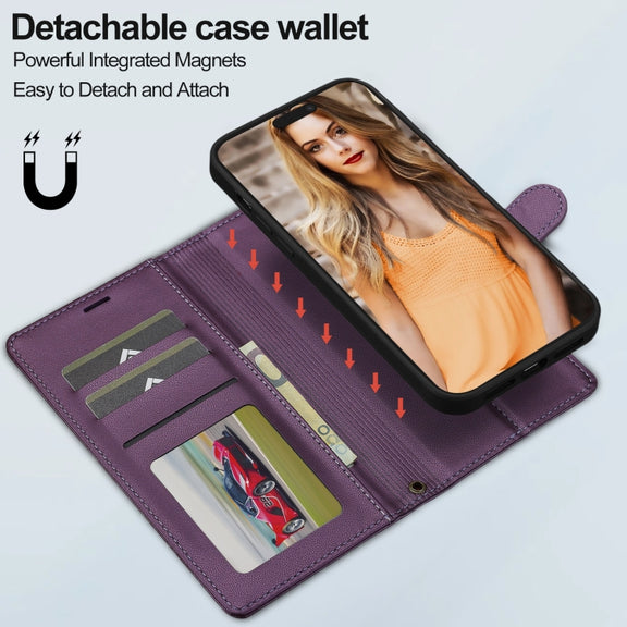 For iPhone 13 Pro LC.IMEEKE L2 Series Detachable Magsafe PU Phone Case with Lanyard(Purple)