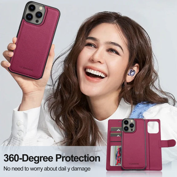 For iPhone 13 Pro LC.IMEEKE L2 Series Detachable Magsafe PU Phone Case with Lanyard(Red)