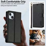 For iPhone 13 LC.IMEEKE L2 Series Detachable Magsafe PU Phone Case with Lanyard(Black)