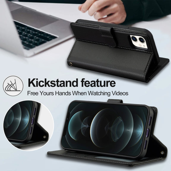 For iPhone 13 LC.IMEEKE L2 Series Detachable Magsafe PU Phone Case with Lanyard(Black)
