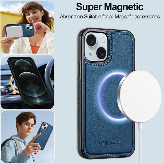 For iPhone 13 LC.IMEEKE L2 Series Detachable Magsafe PU Phone Case with Lanyard(Blue)