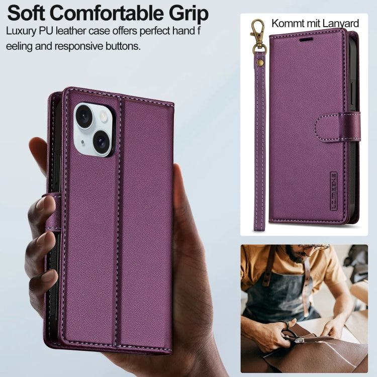 For iPhone 13 LC.IMEEKE L2 Series Detachable Magsafe PU Phone Case with Lanyard(Purple)