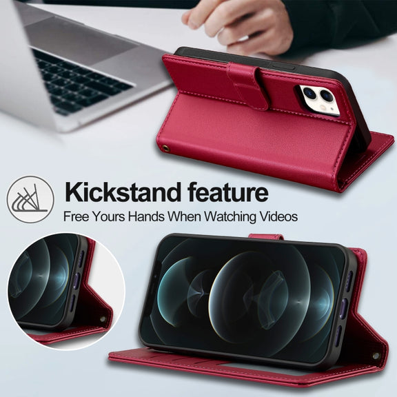 For iPhone 13 LC.IMEEKE L2 Series Detachable Magsafe PU Phone Case with Lanyard(Red)