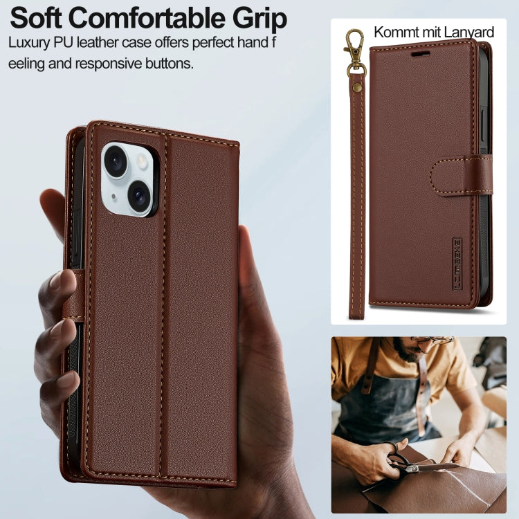 For iPhone 14 LC.IMEEKE L2 Series Detachable Magsafe PU Phone Case with Lanyard(Brown)