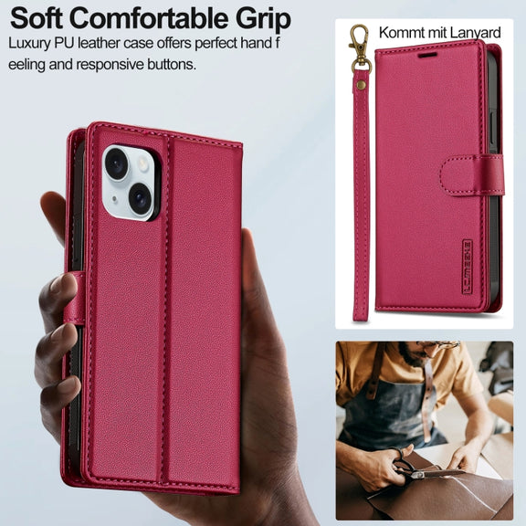 For iPhone 14 LC.IMEEKE L2 Series Detachable Magsafe PU Phone Case with Lanyard(Red)