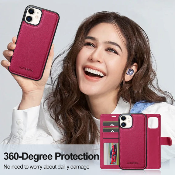 For iPhone 11 LC.IMEEKE L2 Series Detachable Magsafe PU Phone Case with Lanyard(Red)