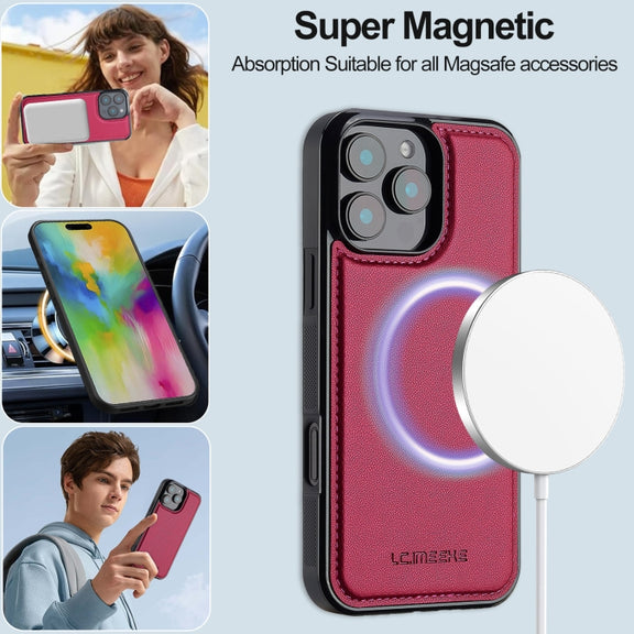For iPhone 16 Pro Max LC.IMEEKE L2 Series Detachable Magsafe PU Phone Case with Lanyard(Red)