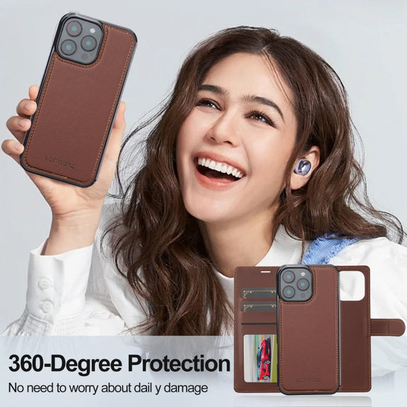 For iPhone 16 Pro LC.IMEEKE L2 Series Detachable Magsafe PU Phone Case with Lanyard(Brown)