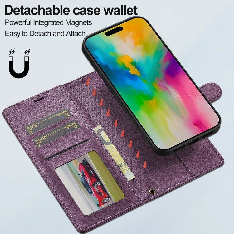 For iPhone 16 Pro LC.IMEEKE L2 Series Detachable Magsafe PU Phone Case with Lanyard(Purple)