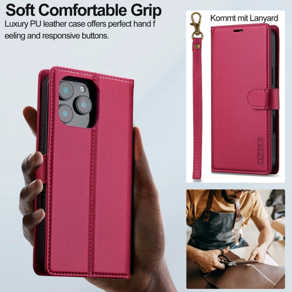 For iPhone 16 Pro LC.IMEEKE L2 Series Detachable Magsafe PU Phone Case with Lanyard(Red)