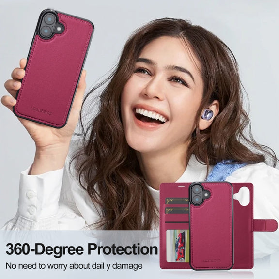 For iPhone 16 Plus LC.IMEEKE L2 Series Detachable Magsafe PU Phone Case with Lanyard(Red)