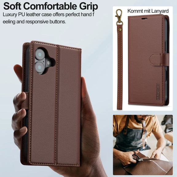 For iPhone 16 LC.IMEEKE L2 Series Detachable Magsafe PU Phone Case with Lanyard(Brown)