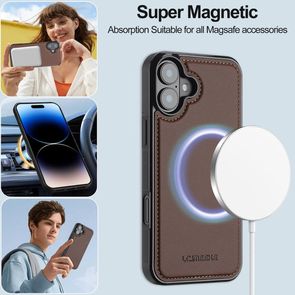 For iPhone 16 LC.IMEEKE L2 Series Detachable Magsafe PU Phone Case with Lanyard(Brown)