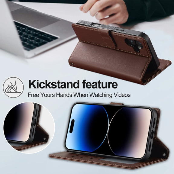 For iPhone 16 LC.IMEEKE L2 Series Detachable Magsafe PU Phone Case with Lanyard(Brown)