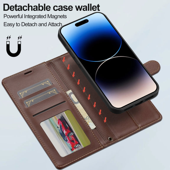 For iPhone 16 LC.IMEEKE L2 Series Detachable Magsafe PU Phone Case with Lanyard(Brown)