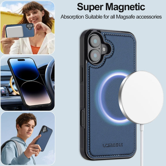 For iPhone 16 LC.IMEEKE L2 Series Detachable Magsafe PU Phone Case with Lanyard(Blue)