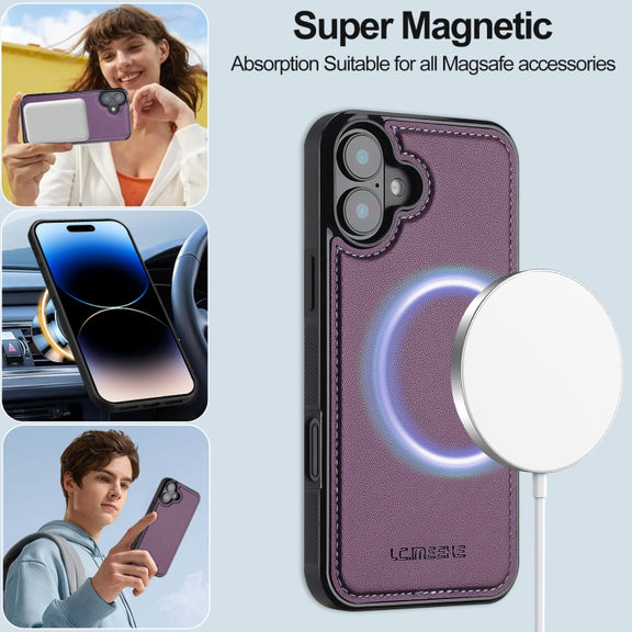 For iPhone 16 LC.IMEEKE L2 Series Detachable Magsafe PU Phone Case with Lanyard(Purple)