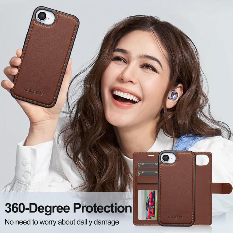 For iPhone 16e LC.IMEEKE L2 Series Detachable Magsafe PU Phone Case with Lanyard(Brown)