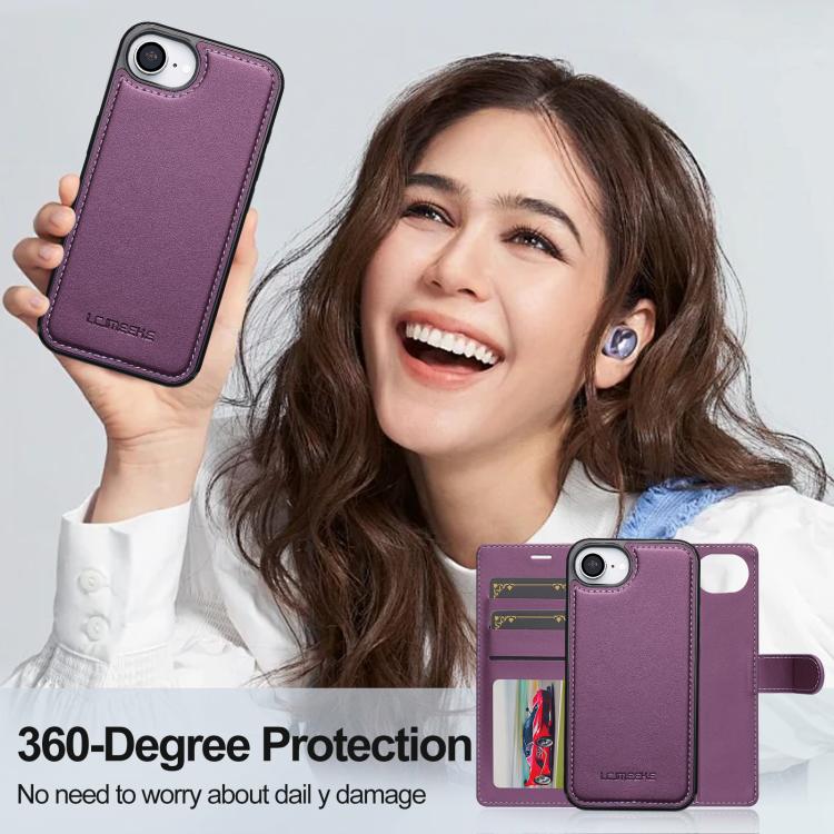 For iPhone 16e LC.IMEEKE L2 Series Detachable Magsafe PU Phone Case with Lanyard(Purple)
