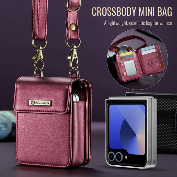 For Samsung Z Flip Series CaseMe Me50 Mini Lanyard Universal Bag(Wine Red)