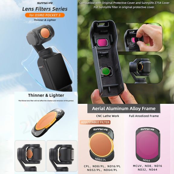 For DJI Osmo Pocket 3 Sunnylife Camera Lens Magnetic Metal Filter, No Impact On Gimbal Reset, Filter:CPL