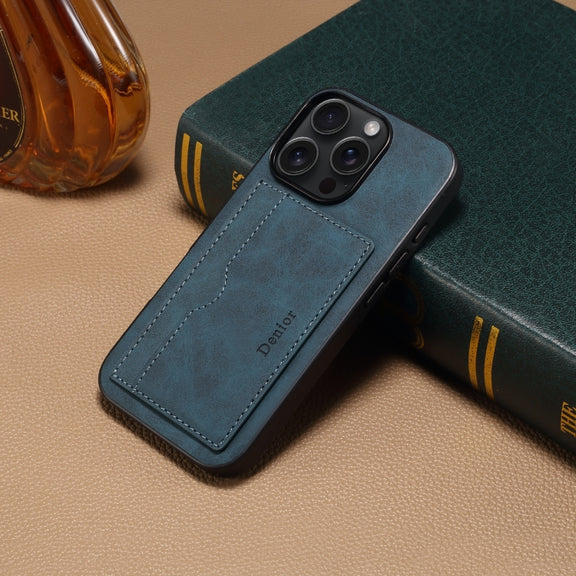 For iPhone 16 Plus Denior D08 PU Single Card Slot Holder Phone Case(Blue)