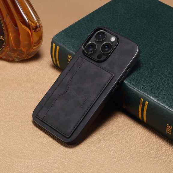 For iPhone 16 Pro Denior D08 PU Single Card Slot Holder Phone Case(Black)