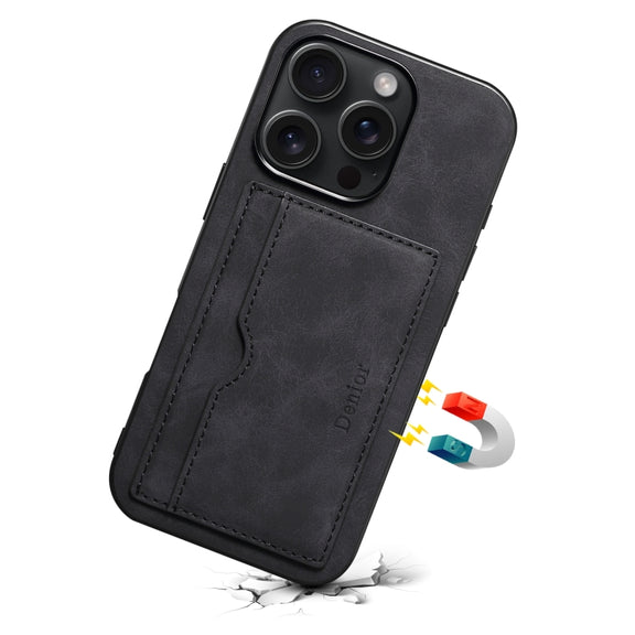 For iPhone 16 Pro Denior D08 PU Single Card Slot Holder Phone Case(Black)