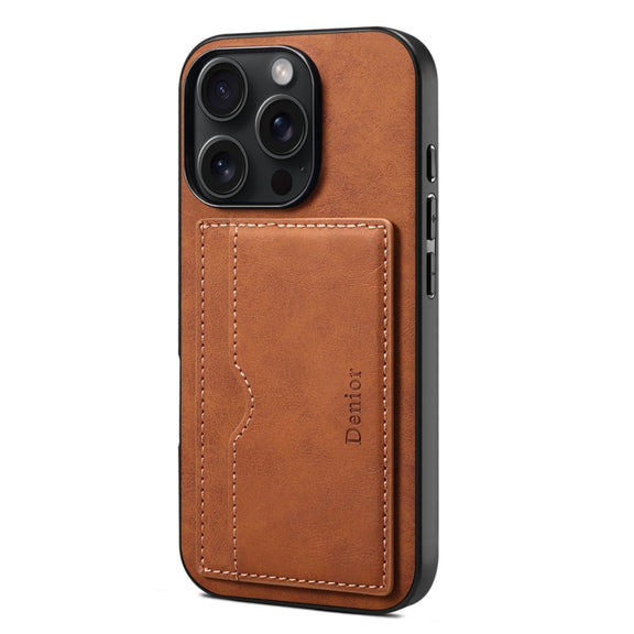 For iPhone 16 Pro Denior D08 PU Single Card Slot Holder Phone Case(Brown)
