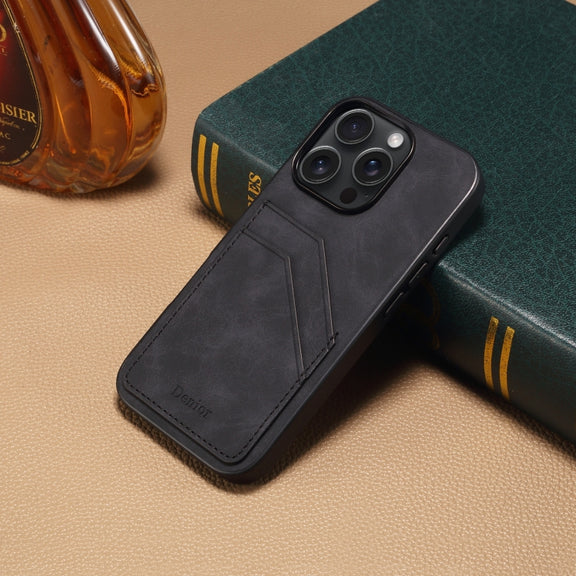 For iPhone 16 Denior D09 PU Dual Card Slot Back Cover Phone Case(Black)