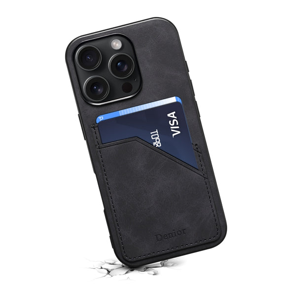For iPhone 16 Pro Max Denior D09 PU Dual Card Slot Back Cover Phone Case(Black)