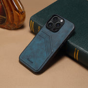 For iPhone 16 Pro Max Denior D09 PU Dual Card Slot Back Cover Phone Case(Blue)