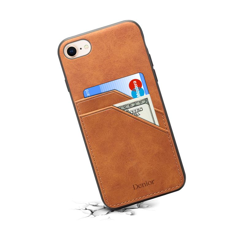 For iPhone 16e Denior D09 PU Dual Card Slot Back Cover Phone Case(Brown) - iPhone 16e Cases by Denior | Online Shopping South Africa | PMC TechLife | Buy Now Pay Later Mobicred